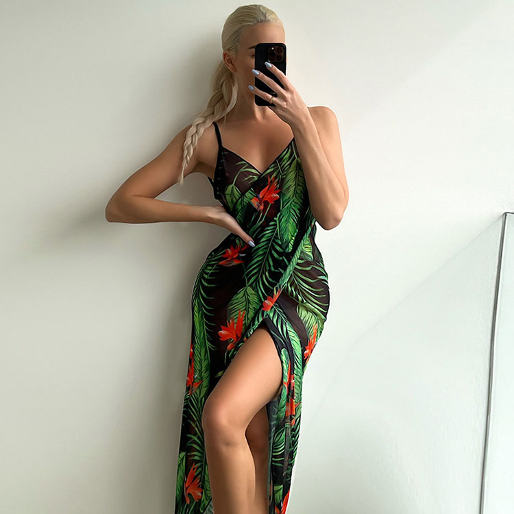 Summer Mesh Printed Slit Dress Strap Beach Sun Proof Dress