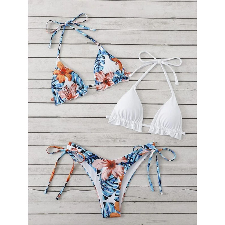 Two Color Top Strap 3 Piece Bikini Set Sexy Bathing Suit Drawstring Adjustable Micro Bikinis Sexy Lady Swimwear
