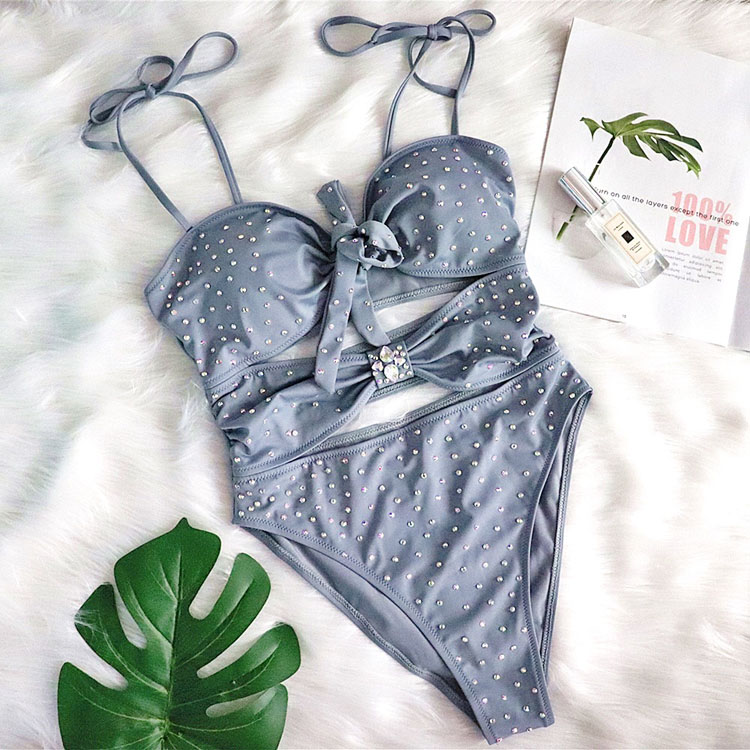 Crystal Masonry High Waist One Piece Bikini Lacing Strap Cutout Bikini