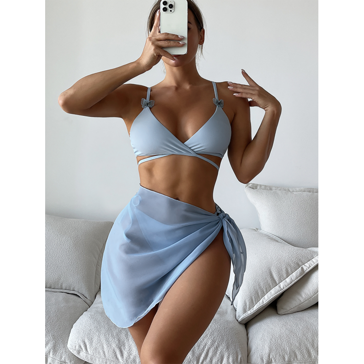 Light Blue Sexy Lacing Strap 3 Piece Bikini Set Swimsuit With Cover Ups Butterfly Embellishment Bikini