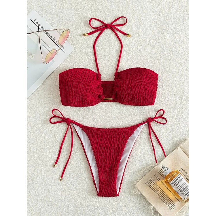New Solid Color Bodice Neck Simple Bikini Special Fabric Crinkle Bikini