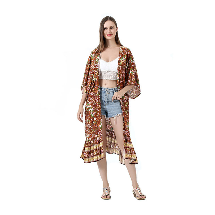 Rayon Printed Beach Blouse Wooden Ear Hem Loose Gown Holiday Cardigan