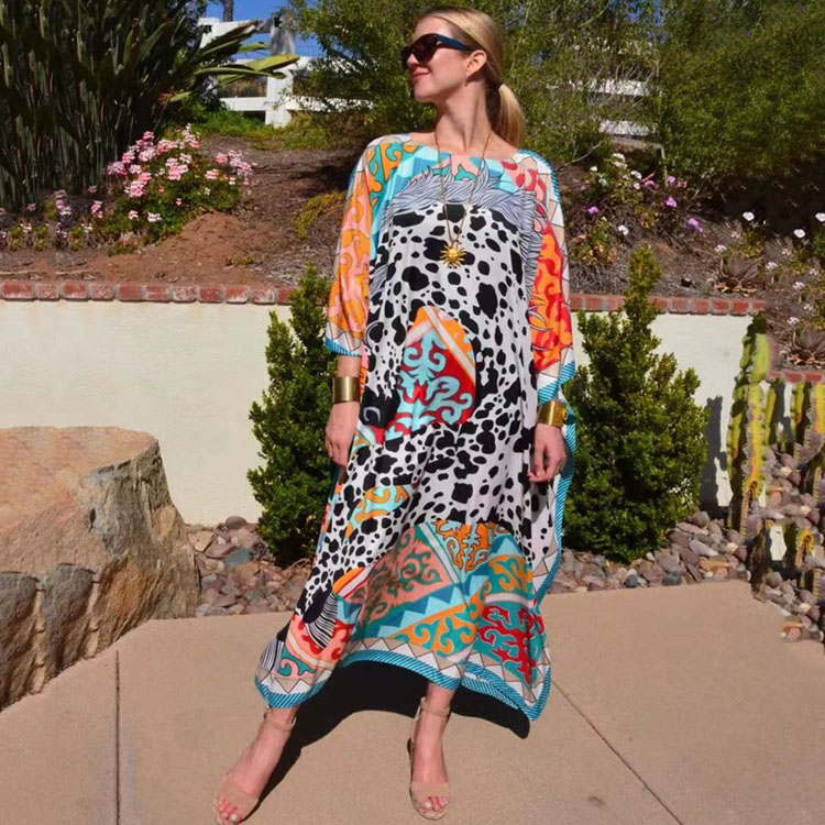 Vintage Printed Beach Cover up Bat Sleeve Long Dress