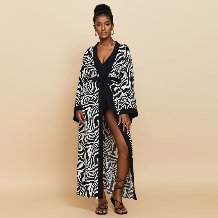 New Simple zebra Print Holiday Cardigan Waist Tie Sexy Bikini Cover up