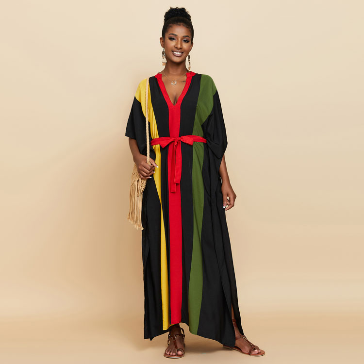 V Neck Color Blocking Loose Long Dress Waist Tie Women Beach Wear Cover up Summer Dress