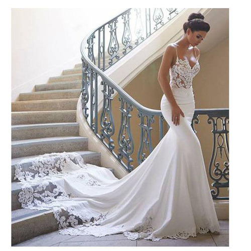 Long Sleeve Women Wedding Dress High End Spring New Style Simple Round Neck Slim Fit Embroidered Long Train Wedding Dress