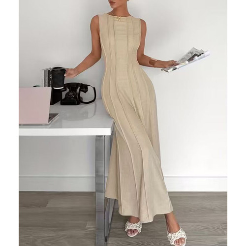 Wenshuo Pleated Maxi Dress Wholesale Simple Solid Color Dress Custom logo Ribbon Drawstring Dress Factory Direct