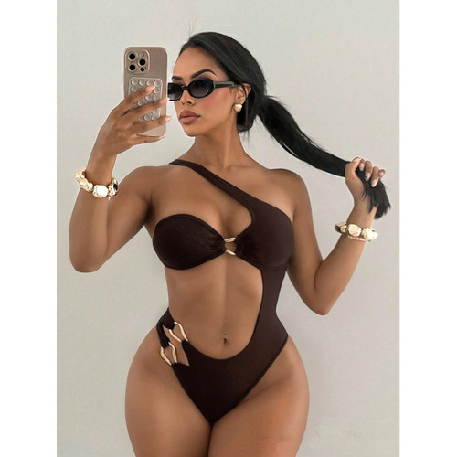 New Solid Color Hollow Bikini Two Piece High Waist Sexy Swimwear