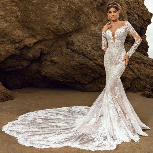 2026 Summer New Retro Lace Embroidery Wedding Dress Long Sleeve Round Neck High Quality Wedding Dress Manufacturer Wholesale